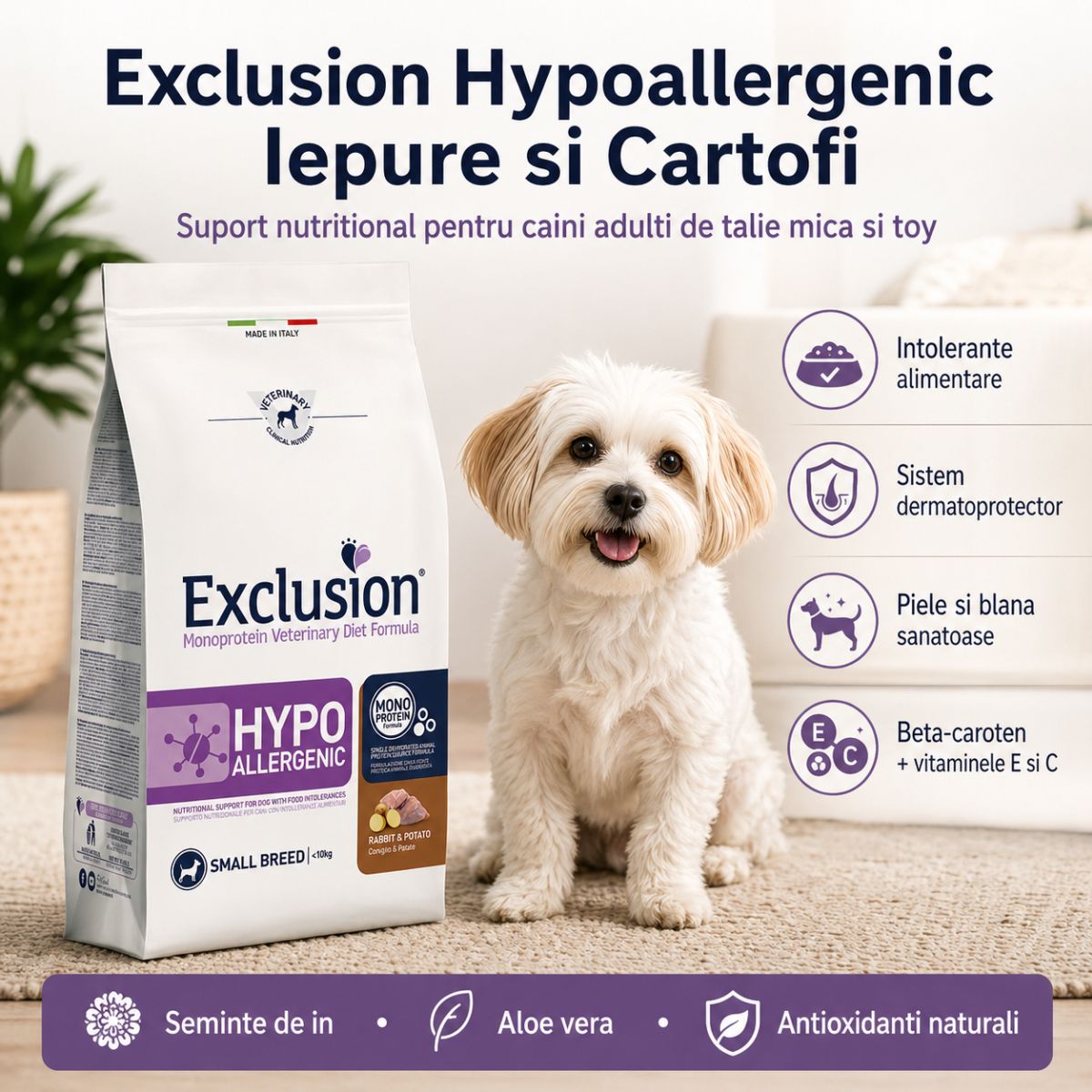 EXCLUSION Monoprotein VD Hyppoallergenic Small, XS-S, Iepure și Cartofi, dietă veterinară, hrană uscată fără cereale câini, alergii, 2kg - imagine 3